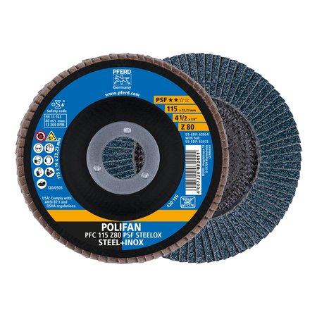 PFERD 4-1/2" x 7/8" A.H. POLIFAN® Flap Disc - Z PSF STEELOX, Zirconia, 80 Grit, Conical 62054